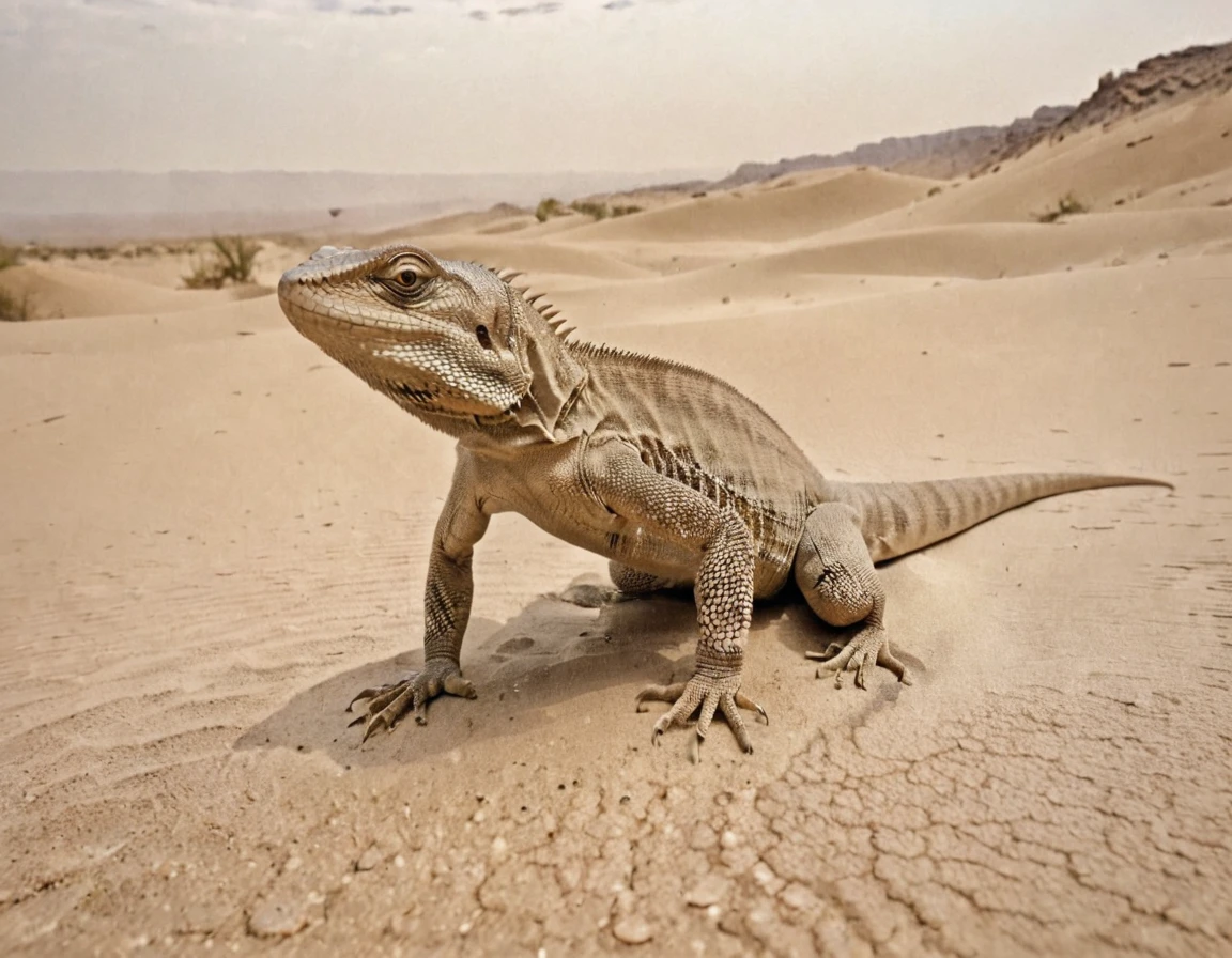 (masterpiece,Highest quality, textured skin, super detail, uhd, highres, 8k, high details), Desert as far as the eye can see:1.3, Fine sand grains in the desert:1.2, lizard,  Lifting front and back legs alternately, ((鱗の一枚一枚がリアルなlizardの質感, State-of-the-art video)), Impressive angle, Dust clouds fly