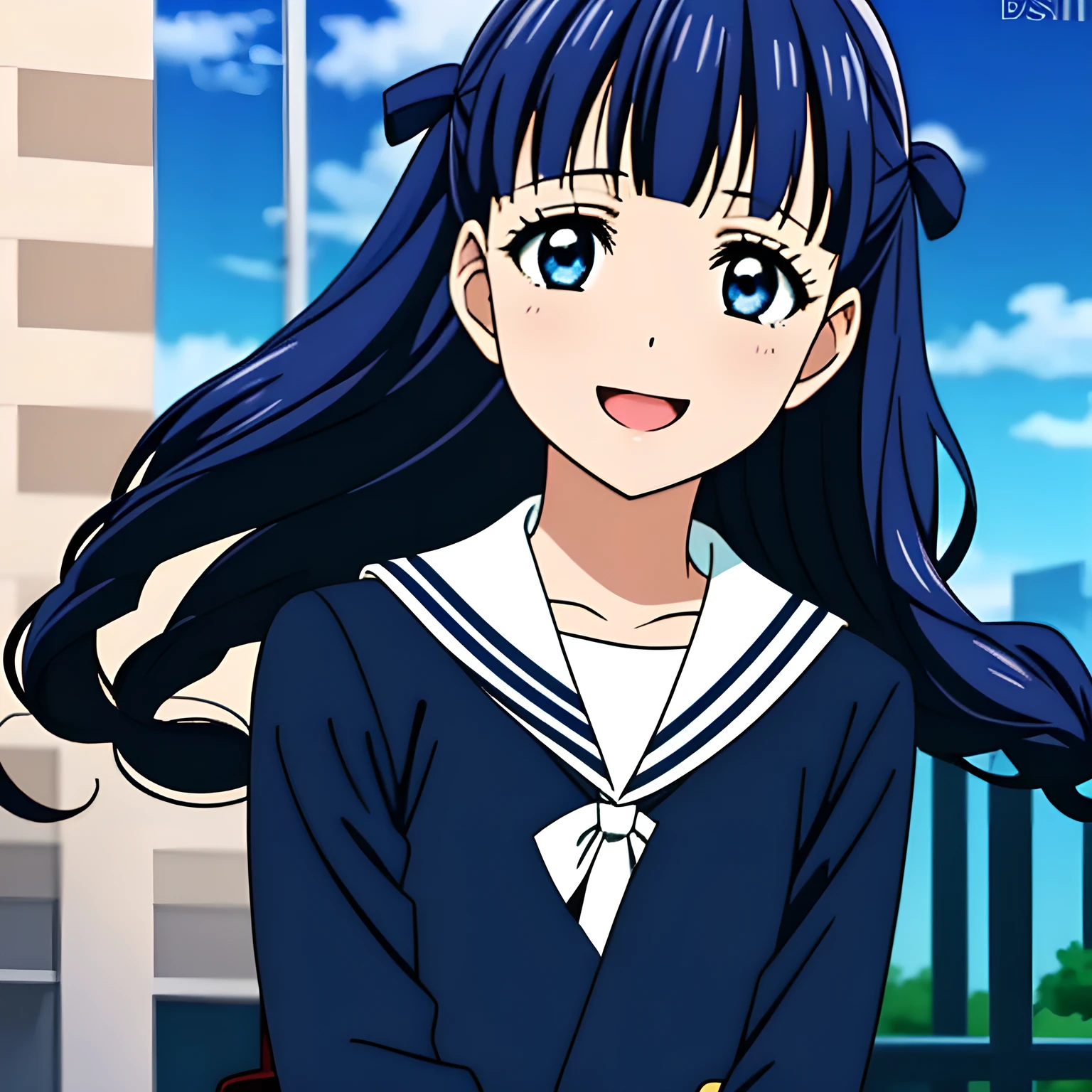 (highest quality, masterpiece, Full HD, Full color, High definition, High definition, Well colored: 1.2), (Very carefully drawn cover of anime magazine, Solo beautiful giggling noble elegant girl wares navy sailor-styled uniform with leather school bag and flying in space, charming elegantly, Noble Elegant but lecherous salacious insane and lascivious, sailor uniform: 1.5), (Just one very beautiful noble heroine who is looking and laughing at me, Very detailed cute noble **** heroine's noble eyes and face, Beautiful giggling eyes with detailed: 1.4), (Super-long bottom-eyelashes: 1.2), (Girl whom everyone loves because of her beauty and lovely fashion and noble manner and mind of evil succubus and magical-charm of evil succubus: 1.0), (Very beautiful, wavy, cutely super-super-long dark-dark-blue-dark-blue rich hair, with elegant hair ribbons, spreading on whole the screen: 1.3), (Laughing very beautiful and sapphire-blue mature intelligent cute-eyes which charms and enslave me inevitably, with clearly detailed: 1.4), (Eyes are clearly detailed), (very long eyelashes: 1.0), (Realistic noble neat noble school navy-colored sailor uniform with a noble expensive glossy red ribbon on the chest: 1.4), (Realistic Charming neat navy-colored deeply pleated long expensive school skirt: 1.5), (Soprano singer of classic music: 1.6), (Can't stop giggling: 1.6), Clear skin, (Nothing except black space and stars background: 1.7), (Navy-colored tops and Navy-colored cute collar of sailor-uniform: 1.6), (Faces are especially detailed and carefully drawn.), (Shot from the side)