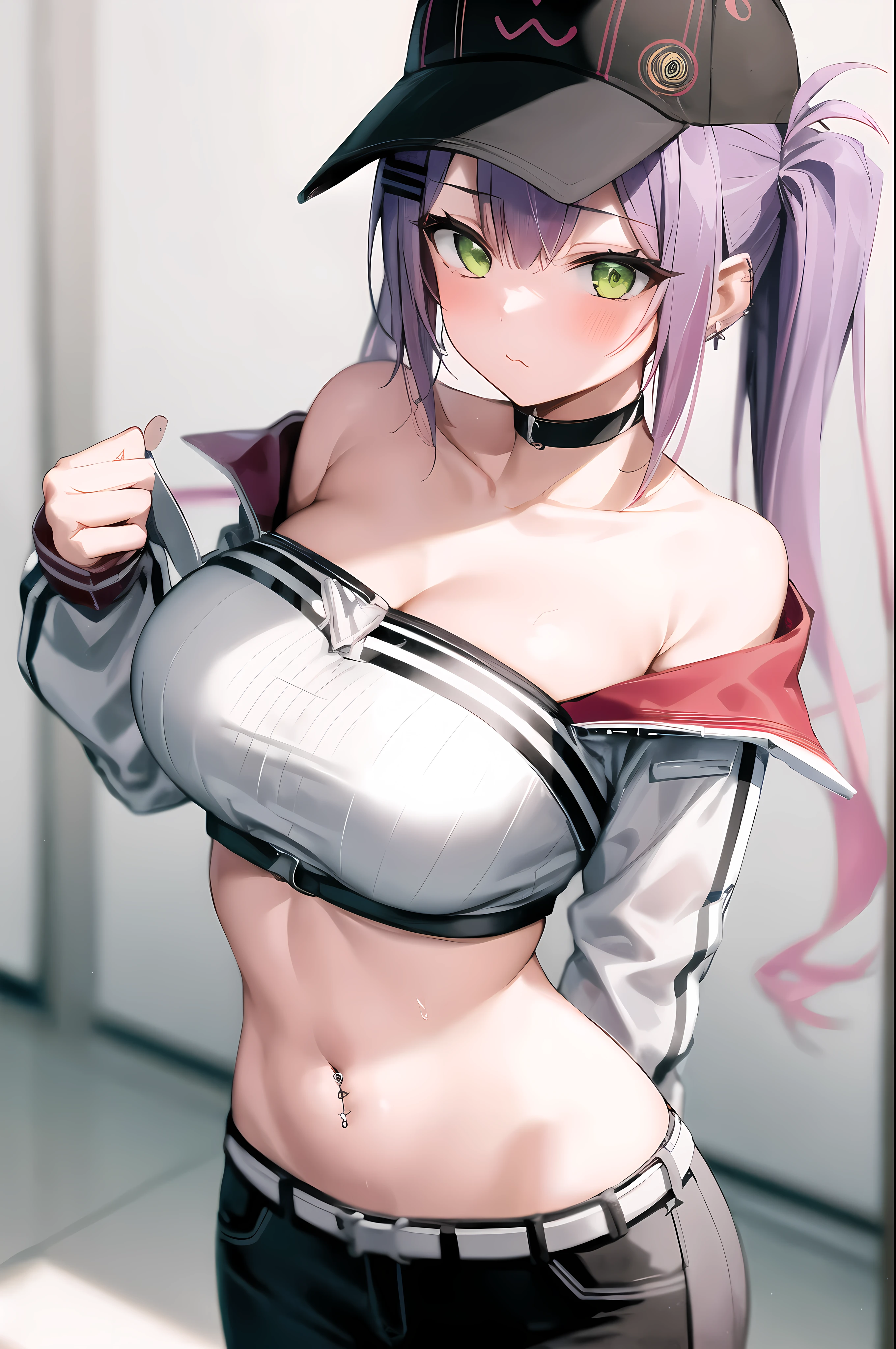 1girl, solo, office, :\3, towadefault, twintails, long sleeves, horned headwear, baseball cap, navel, bare shoulders, choker, midriff, off shoulder, ear piercing, navel piercing, demon tail, belt, cropped jacket, two-tone jacket, black crop top , big breasts ,sexy, arms behind back , (from above)