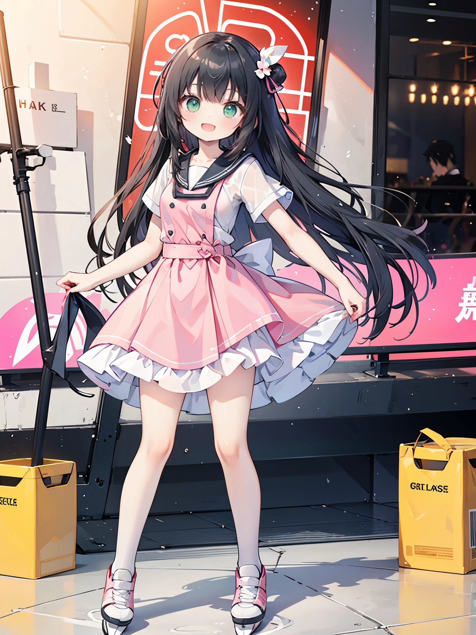 ((Highest quality, 8k, masterpiece: 1.3)),people間の***,１people,Petite,Glamorous Body,Curvy,cute,１００年に1peopleの逸材,The best smile ever,Open your mouth,((Black Hair)),Long Hair,Beautiful emerald green eyes,Facing forward,Wear a pale pink figure skating outfit,Skate shoes,Large skating rink,Start skating,