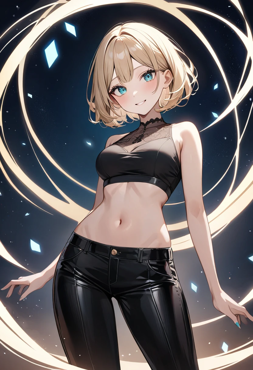 masterpiece, Best Quality, 1 girl, Alone, in front of the viewer,EPfeMerrin, by rubio, blue eyes, short hair, He drowned, Statistics, space, stars, day, arm at the side, halter neck, Shorts, open mouth