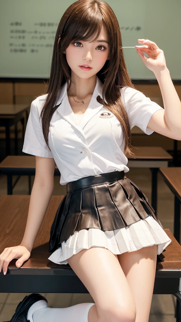 (Ultra HD), (School uniform with short sleeves, White collared shirt, Black Skirt), (Big Breasts:1.5), (Slimness:1.8), whole body, (Clean and shiny skin, Whitening, No makeup), (Super slender face, Super beautiful face, Delicate face), (long hair, Layered Cut, Fluffy hair,light brown), (Patchy double eyelids, Slanted Eyes), Small Nose, Thin lips, Thin legs, lecture hall