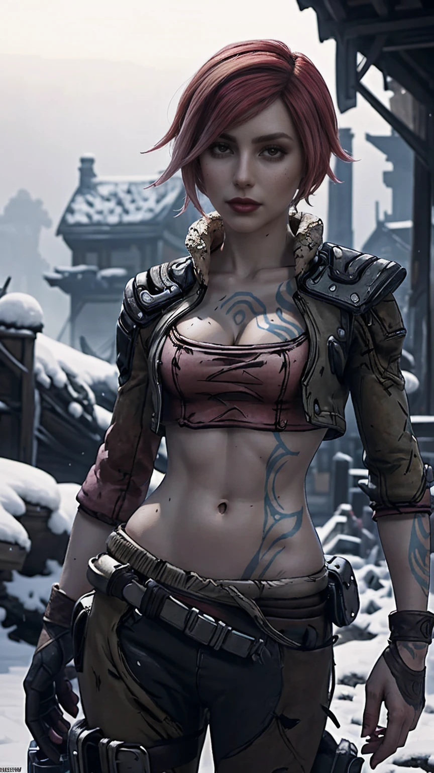 Lilith from "Borderlands", A beautiful woman with side-shaved light pink hair, asymmetric bob hairstyle, snow white skin, ((glowing mystical body art)), holding a heavy RPG launcher, (wearing medieval-style clothes), hyperrealistic, cinematic lighting, fantasy, detailed facial features, dynamic pose, dramatic atmosphere, vibrant colors, digital art, ragnarokthief