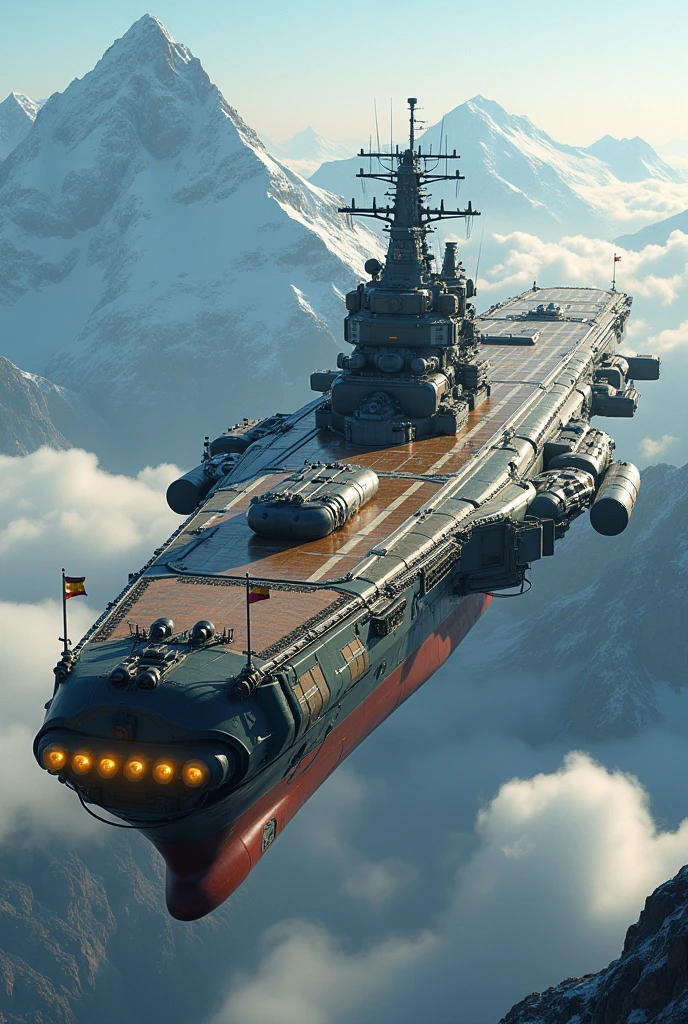 Large ion engine, 大型ディーゼルパンクFlying air carrier、Flying air carrier、deck、Ultra high definition, mega highly detailed, Very detailed, expensive, Giant, aircraft, 1943, Very detailed,Heavily armed、Battleship turret、Triple gun、Cinematic Light、Ancient royal flag、Aztec Technology、flagship、palace、Snowy mountain range、Actual item、photograph、8kphotograph、