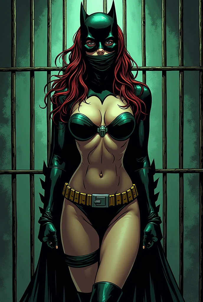 Sexy woman, mask, hood, solo, fishnet stockings, full body, underboob, cleavage