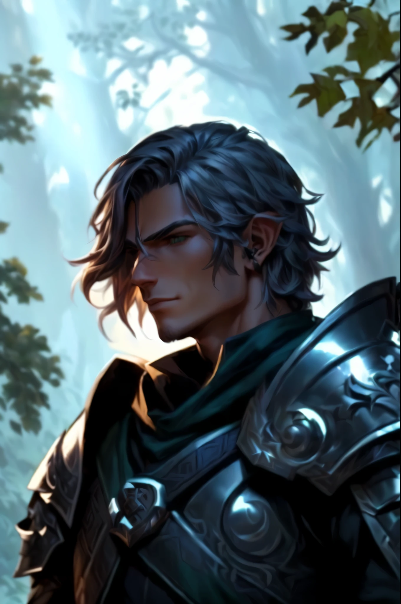 A elf warrior in armor with a tree in the background, handsome elf in demon slayer art, long ear, caleb from critical role, a human male paladin, avatar image, silvain sarrailh, arvalis, xqc, character art closeup, rpg character avatar, picture of a male cleric, male paladin, faeornran