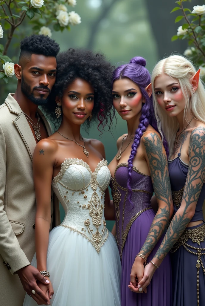 Group of 4 people in a magical elven forest with white and blue roses ...