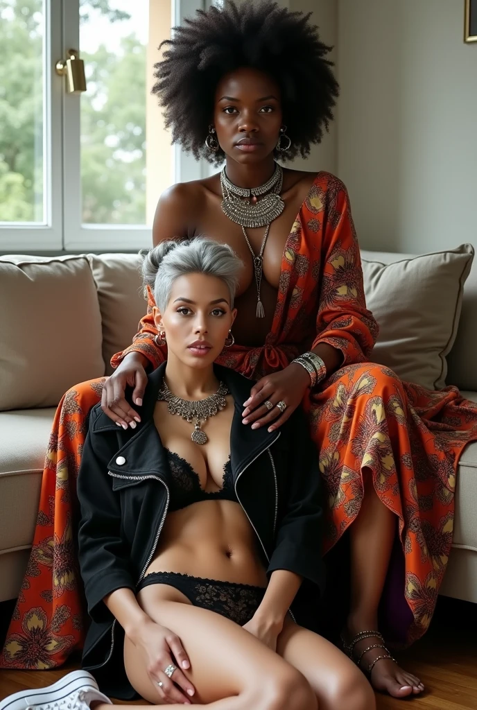 African milf  woman sitting on a sofa with separated legs, afro hairdo, serious face, wearing traditional colourful african clothes, barefoot, hands on shoulders of a caucasian milf woman at her feet (light grey hair, light green eyes, pale face, pale neck, pale chest, pale arms, pale hands, pale stomach, pale legs and feet) in chic rock fashion: pompadour hairstyle with top bun, colourful bandana as headboard, cropped black suede biker jacket a lot of metallic necklaces and pendants, a lot of wide metallic bracelets, black lace push up bra and black lace thong, white tennis sneakers, kneeling with hands on knees. In an apartment decorated in Scandinavian style. Natural light