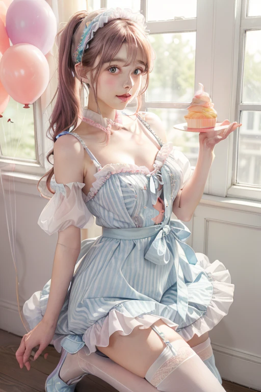 (Frilled frilled cuffs, Chiffon lace ribbon suspenders, (Pastel colored striped design dress), A cute girl of half French and half Japanese descent、whole body、Holding a cupcake in hand、White lace-up platform ribbon high heels、Coral pink hair、Twin tails、Large light blue ribbon headband, Open Color Bone, Puff sleeves, Tie-up see-through ribbon corset, Balloon Skirt, White fishnet stockings, Colorful star-shaped beaded accessories)masterpiece、Highest quality、High resolution、The background is a cutely decorated muffin shop that looks like Ladurée.、Fancy Color、Because it's a pass!、Dreamy and cute atmosphere、Dreamy atmosphere、Sweet atmosphere、Gentle lighting、White and light colors、Long eyelashes