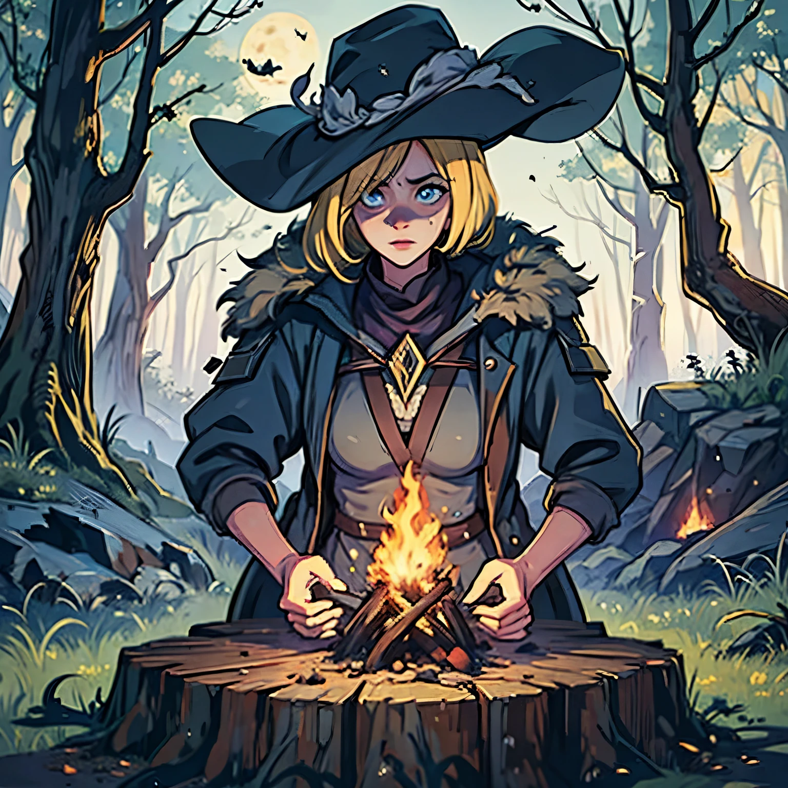 Stunning blonde sorceress (Level 2) in dark forest, mmo rpg campfire, a beautiful blonde sorceress in a dark gloomy forest, fantasy RPG game character, young woman in tattered clothes, detailed face, intense eyes, powerful magical energy, fog and mist, twisted trees, mystical glowing mushrooms, moonlight, dramatic lighting, moody colors, deep shadows, horror elements, goblin minions, multiple male characters, action and adventure