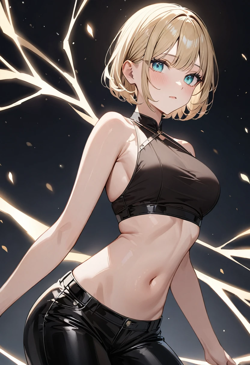 最high quality、Best image quality、masterpiece、With a girl((18-year-old、Shabby clothing、Black Belly Button Tank Top、White pants、Best Bust、Bust 85、Blonde、Messy ponytail、blue eyes、Open your chest wide、happiness、Chain Accessories、Leaning forward,Slender)）high quality、background((lightning))、Tabletop,lightningのロゴ