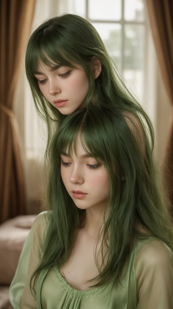 a girl. European. Extremely detailed face. Oval face. Delicate facial features. Half-closed eyes. Long straight hair. Messy hair. Bangs. Green hair. Green eyes. green silk nightgown. slutty. expressionless face