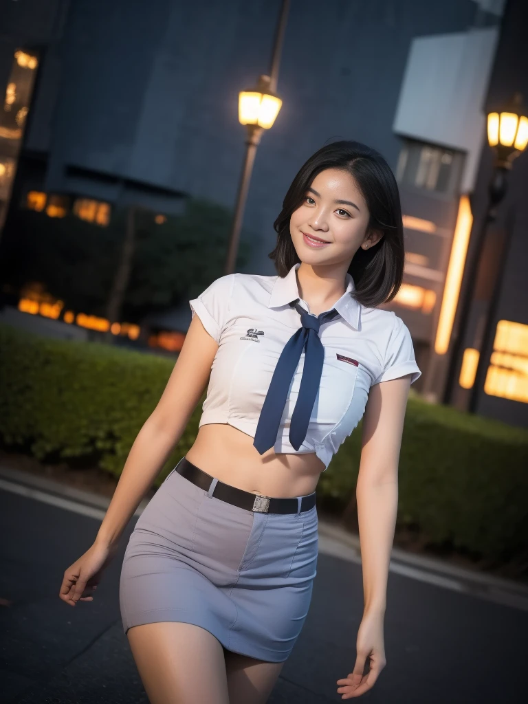 1girl, 1 girl, (uniform), standing, outdoors, night view, detailed Metropolitan city at the background, (low angle shot:1.35), (zoom out: 1.1), detailed face, cute little smile, detailed eyes, medium thick breasts, six pack abs, smooth realistic skin, semi-curvy body, white shirt, grey blue short skirt, looking at the audience, (8k, RAW photo, best quality, masterpiece: 1.3), (realistic, realistic: 1.37), ultra-high resolution