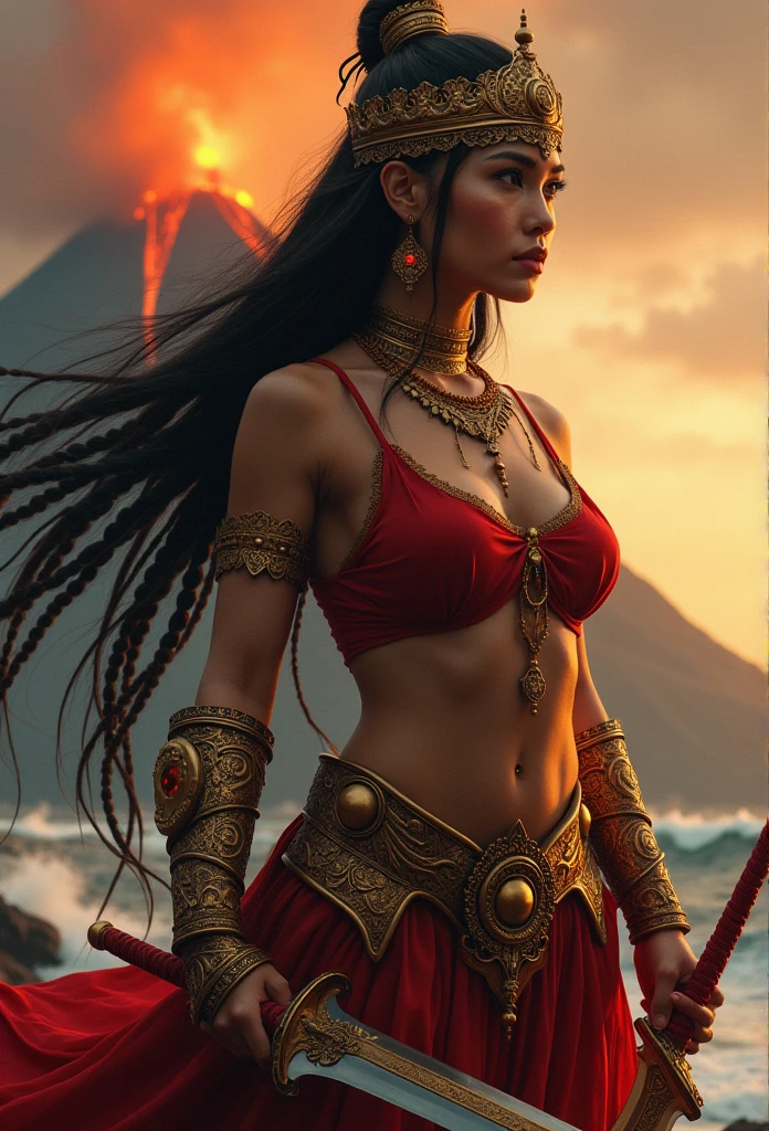 Photorealistic image ((Masterpiece)), ((high quality)) UHD 8K, of a real Maya goddess, very beautifull face, Gnna, strong, Fight Pose, curvy body, curvy waist, model tall, full body, (long black hair), (Sky blue eyes), (((, traditional clothes with ivory red and intricate details))), ((long cape)), ((two-pronged fantasy spear)), (in guardian position, fantastic palace), Photo realistic, Natural lighting, professional DSLR camera., mecha, robot,