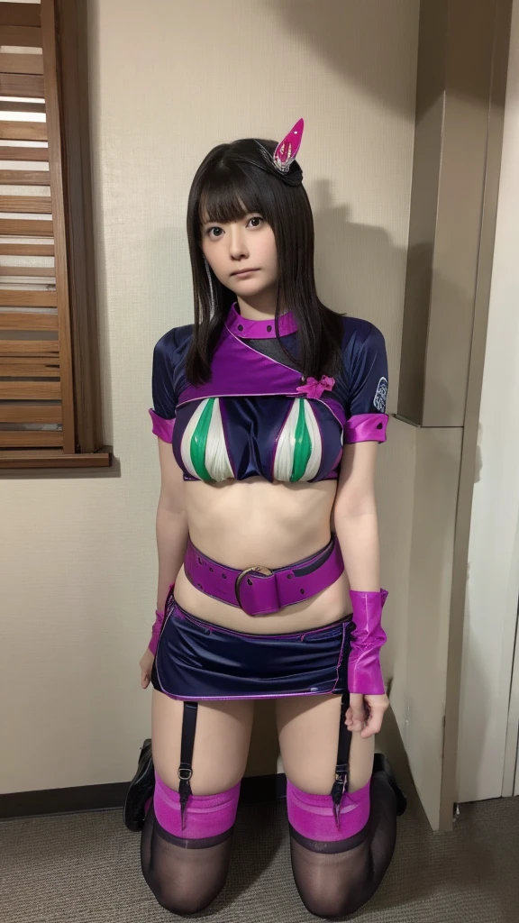 (Huge breasts:1.3),トリック・オア・トリートメントのCosplay, Revealing clothing, Shrug \(clothing\), Short sleeve, Layered Bikini, Purple Bikini, Green Bikini, belt, Nurse cap, mini skirt, Green gloves, Knee socks, Garter Straps,high quality,masterpiece,Very detailed,Spread your legs,squat,Expressionless,from the front,One Woman,whole body,thin,high quality,Realistic,Digital SLR,masterpiece,Very detailedな,Japanese,Cosplay