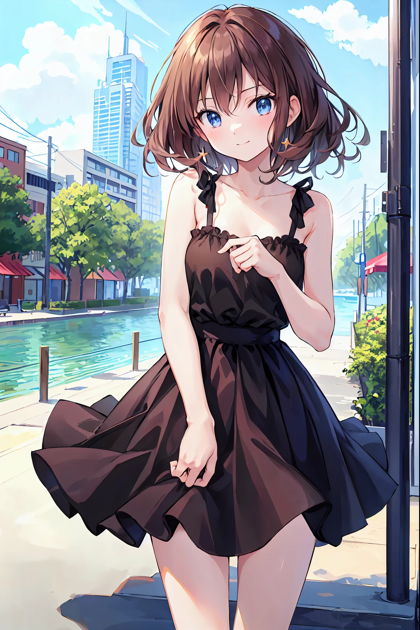 Brown Hair，Shoulder-length hair，Messy Hair，Slender beauty，Correct posture，Mid-chest，Beautiful feet，，（Cute older sister:1.3）、Long eyelashes、smile,early summer vibes、noon、Aggressive、hot、((Strong winds))、Black camisole，Her captivating grey-blue eyes shine like stars、Light blue shirt、Cafe，Anime girl standing in front of a store