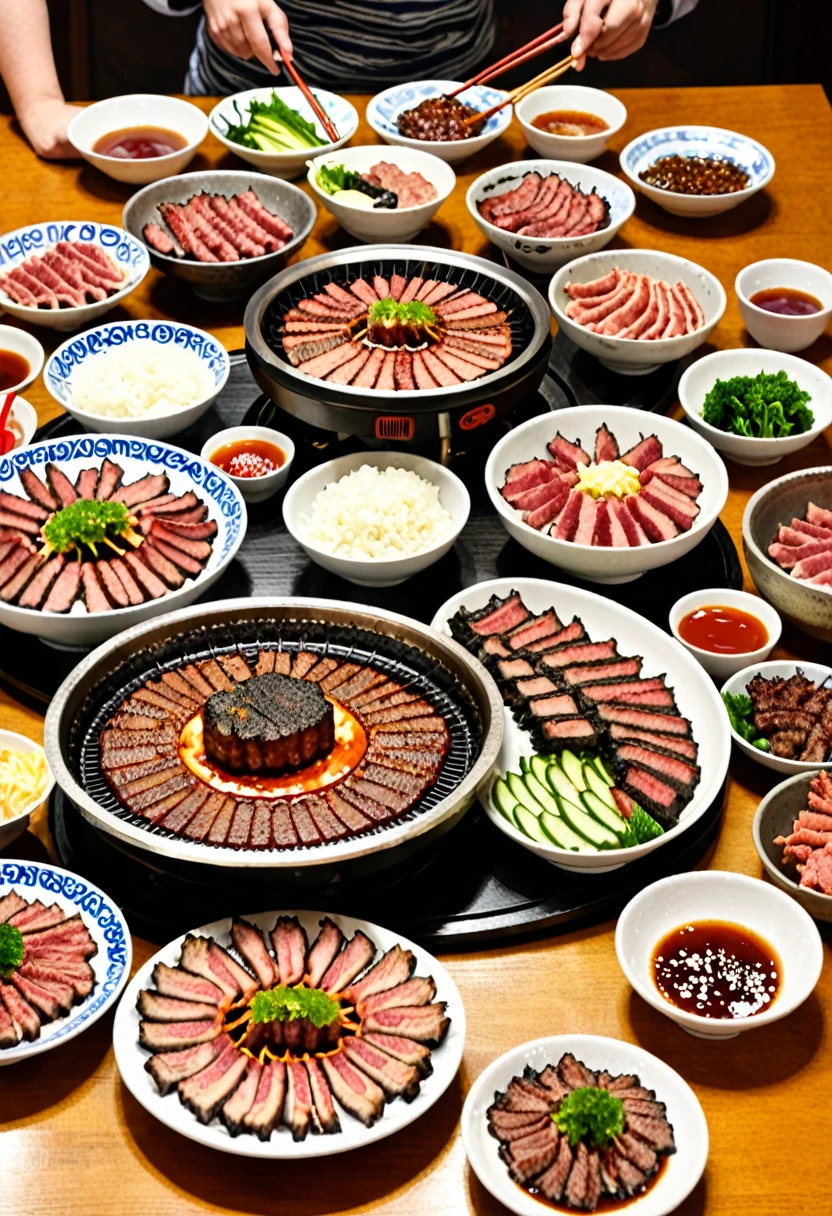 Lots of delicious looking yakiniku、Happy children