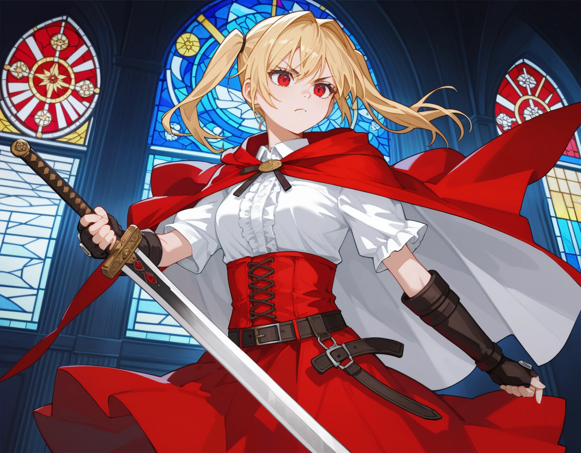 1girl, solo, serious, white shirts, red long cape cloak, red corset, frills red skirt, black fingerless gloves, (Sword carried diagonally), blonde, two side up, red eye, (weapon over shoulder, holding weapon), 
Anime Girls, dutch angle, acrobatic pose, cowboy shot, combat stance, Gloomy painting style，
church, stained glass
Score_9,Score_8,score_7_up,source_anime, rating_questionable,