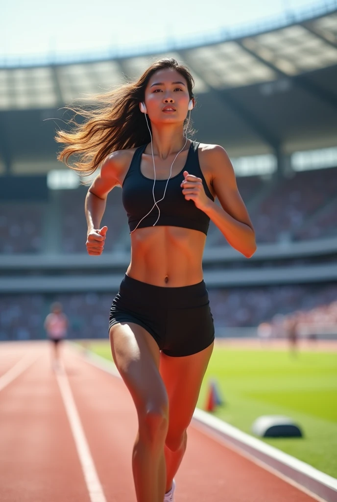 Track and field club、Female university student、1、Track and field clubユニフォーム、Sweating、Uniforms that expose a lot of skin、sexy、ponytail、(best quality,4K,8k,highres,masterpiece:1.2),ultra-detailed,(realistic,photorealistic,photo-realistic:1.37),HDR,uhd,studio lighting,ultra-fine painting,sharp focus,physically-based rendering,extreme detail description,professional,vivid colors,bokeh,cinematic lighting,dramatic shadow、High resolution, High-resolution model, Retina, Textured skin, Ultra high definition,