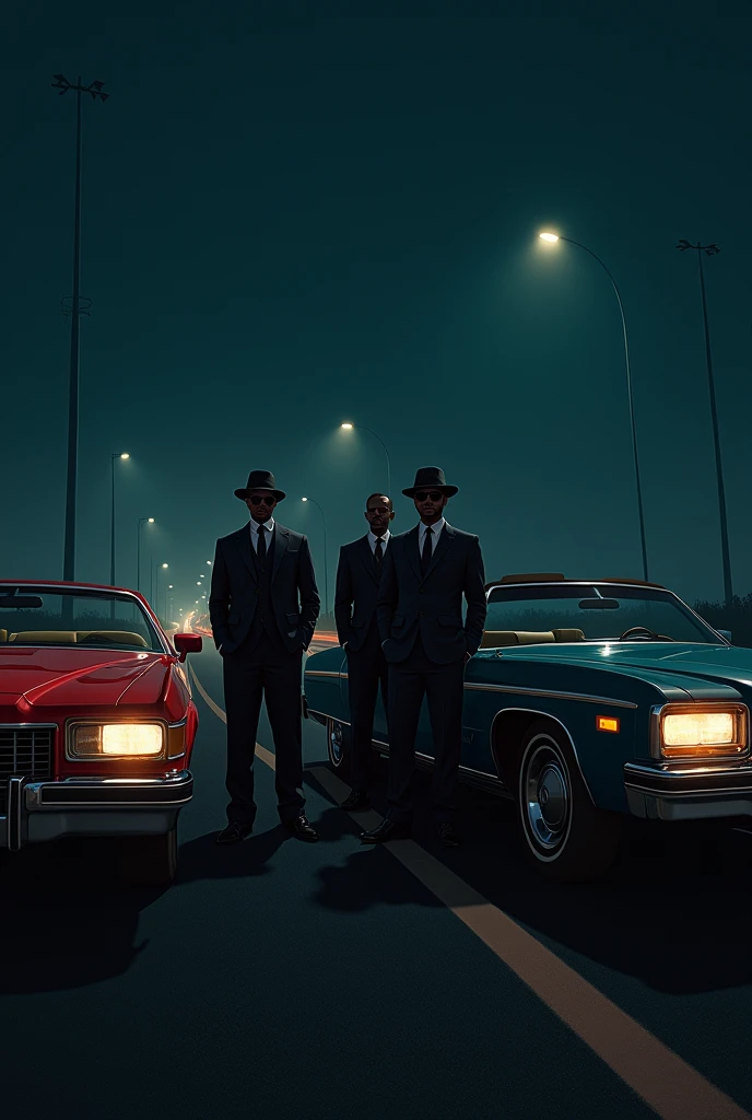 "Illustrate a thrilling scene of animal mafia members making their getaway in vintage cars after a successful heist, wearing matching mafia-style outfits and hats."