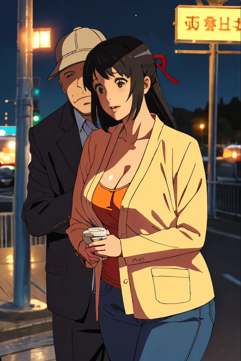 shinkai makoto, kimi no na wa., middle aged man, buzzcut, nude, robust, wrinkles, mustache, middle aged obese man breast grab girl breast,breastgrope from behind, middle aged man is hugging from behind, lick face, 1girl, Mitsuha from \(kimi no na wa\), bangs, black hair, brown eyes, open mouth, Twisted Half Up, red ribbon, long hair, long sleeve light yellow cardigan, open shirt, yellow shirt, cleavage, breast, medium breast, Orange shirt, orange jeans, night, outdoors, dirty pedestrian tunnel, masterpiece, perfect anatomy, cowboyshot,