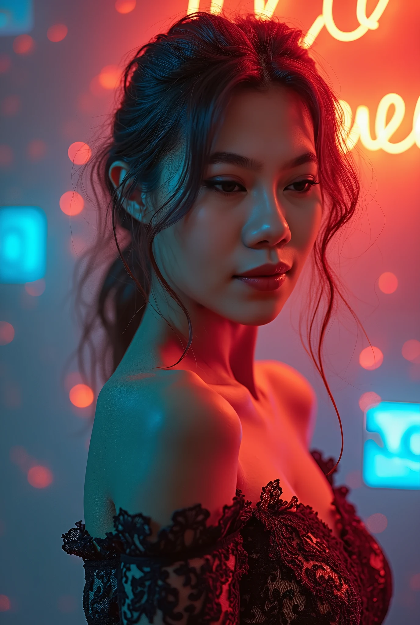 ((best quality, 8k,, Clear face focus :,White tattoo 25 years. Thin dark red T-shirt,) perfect body beauty:1.4. In front of the camera. More intimate ,  In the heart of the community There are red, yellow, pink flowers.,around,)  Night, colorful lights, bright ) Full Body°, Highly detailed faces and textures, Detailed eyes,  alone, Realistic photos:1.37 .. The fine texture of the tattooed skin.. hand tattoo. breasts tattoo , Shot with a high quality Fuji camera., Color light 45.,000,000 pixels ,)) Too realistic,) 