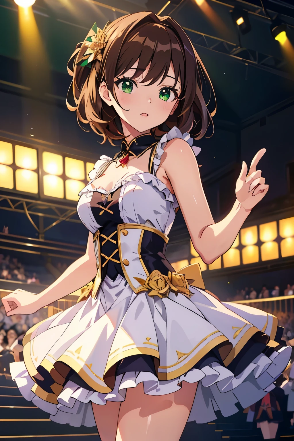 (brown hair), hair one side up, ((rabbit ears)), (((masterpiece))), ((textured skin)), (((high details))), highres, cute, lovely, super idol, dance, concert, glowing sweat, concert dress, THE IDOLM@STER CINDERELLA GIRLS