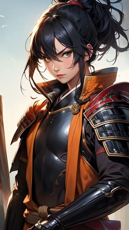 4k, 8k, best quality, ultra high res, (photorealistic:1.4),(masterpiece:1.2), best quality, masterpiece, highres, original, extremely detailed wallpaper, (ultra-detailed), (best illustration), (best shadow), (realism), realistic, 1girl, solo, ((adult)) , samurai, black hair, bangs, (high ponytail), very detailed faces, (detail eyes:1.2), brown eyes, (red armor), uniform, shoulder badge, shibari, looking at viewer, cool face, blood on face, dirty face, slime girl, cowboy shot, dusk, yellow sun, grass field,