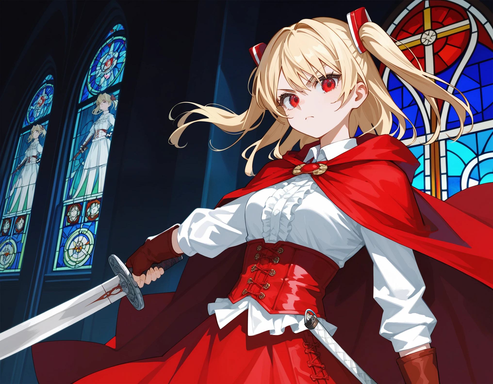 1girl, solo, serious, white shirts, red long cape cloak, red corset, frills red skirt, black fingerless gloves, blonde, two side up, red eye,
(weapon over shoulder, holding weapon), (Sword carried diagonally),
Anime Girls, dutch angle, acrobatic pose, cowboy shot, combat stance, Gloomy painting style,
church, stained glass
Score_9,Score_8,score_7_up,source_anime, rating_questionable,