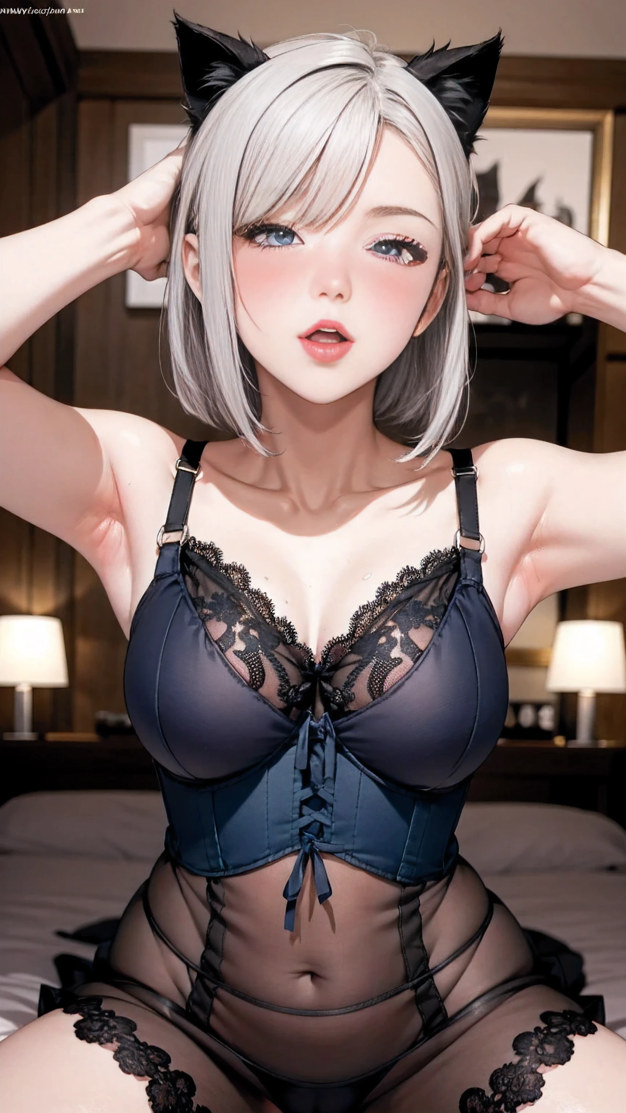 Tabletop, highest quality, shape, Very detailed, finely, High resolution, 8k wallpaper, 完璧なダイナミックな構shape, 美しくてBeautiful Eyes,Short Bob Hair,Big Breasts ，Erect nipples，Natural color lip, Bold sexy pose，The best smile,23-year-old woman、cute、Subjects striking sexy poses for the camera，Photo studio，Sculpture model pose､Protruding nipples、((Realistic lighting, highest quality, 8k, masterpiece: 1.3)), Clear focus: 1.2, 1 girl, Perfect body beauty: 1.4, Slim Abs: 1.1, ((dark brown wavy short hair,Messy Hair，Only the tips of the hair are dyed silver......， Big Breasts: 1.3)), (Finished with body paint，Semi-transparent dark silver transparent batik dress: 1.4), (Photo studio with black wall set, Spotlight: 1.1),Body Paint Dresses， whole body, Long legs,indirect lighting, Very detailedな顔, Beautiful Eyes, double eyelid，Black Stockings､Spread your legs､Cowgirl､Crawling posture､Back pose､Blindfold、My hair is blowing in the wind