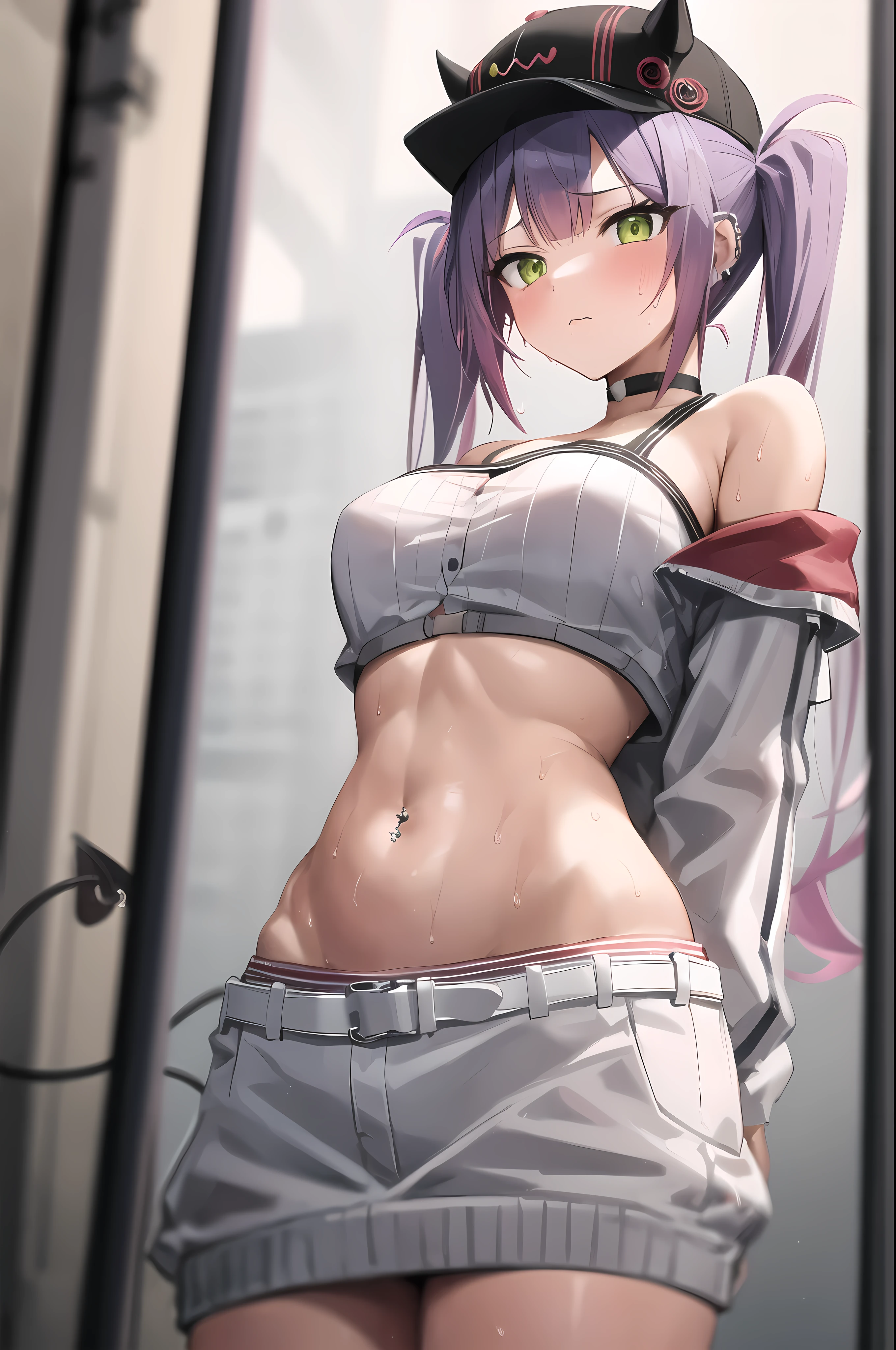 1girl, solo, office, :\3, towadefault, twintails, long sleeves, horned headwear, baseball cap, navel, bare shoulders, choker, midriff, off shoulder, ear piercing, navel piercing, demon tail, belt, cropped jacket, two-tone jacket, black crop top , big breasts ,sexy, arms behind back , (from below) ,sweat