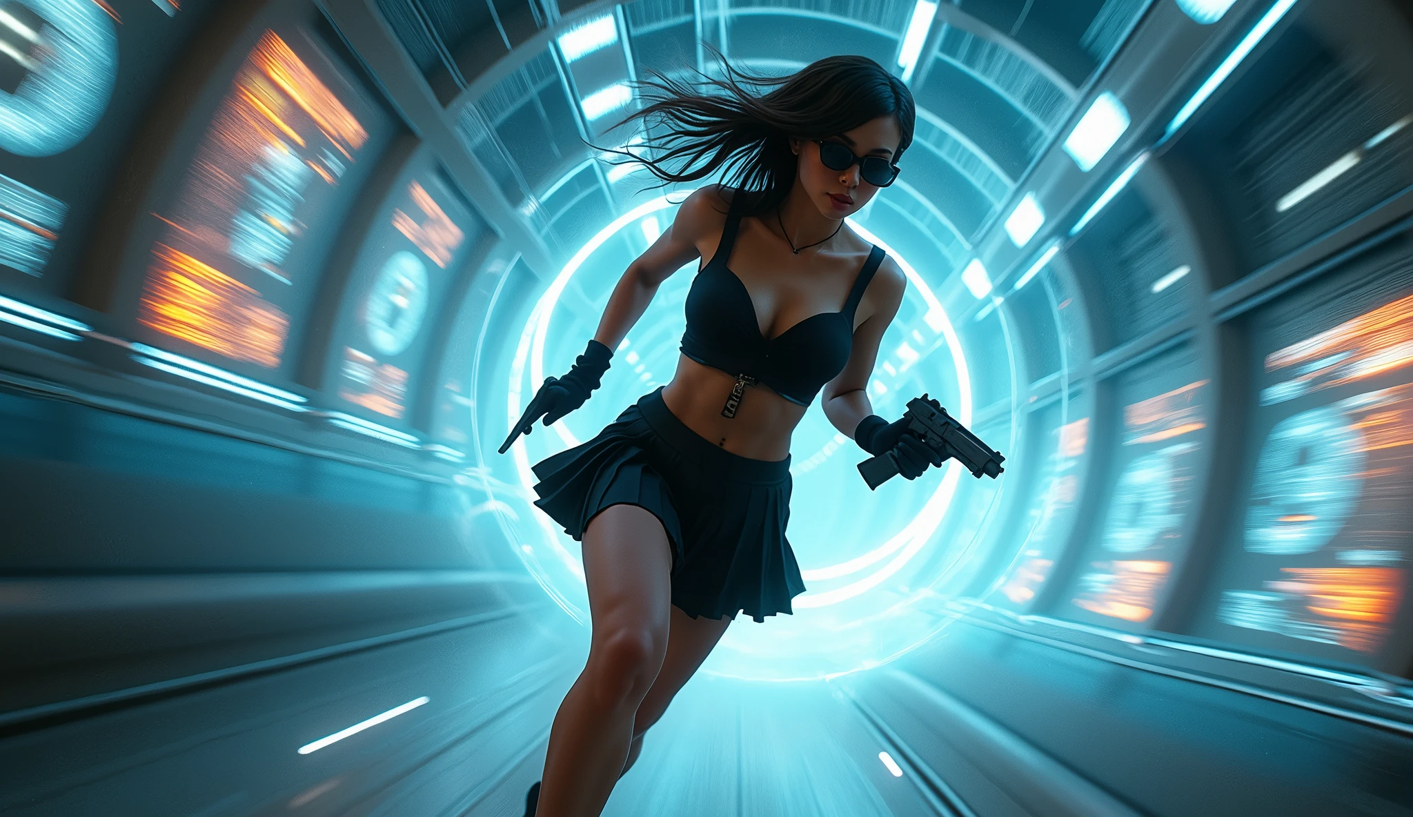 brightly colored abstract image of a space station with a spiral, epic beautiful space scifi, chaotic cinematic space rift, greg beeple, (((((flying cars, 1drone))))), planets colliding, beeple and tim hildebrandt, beeple and jean giraud, end of the universe, galaxy space sci-fi, ringworld, by Mike "Beeple" Winkelmann. Matrix style, (((((Matrix cascading code))))), (((((a futuristic twin tower skyscraper with a unique twisted design))))), (((((OLED GUI interfaces in the building))))), at night, (((((1girl, solo))))), photo realistic, (((large-breast:1.2 slim body, cleavage))), (((off broken mini sling-shirt and black sling bra, extreamly short pleated miniskirt exposing panty))), (((((running pose))))), (((((((matrix style black micro sunglasses))))))), ((((((((((aiming with a short gun)))))))))), (((((looking at camera))))), (((very low view))), (((((half-body thigh level medium shot))))), (((cinematic lighting))).