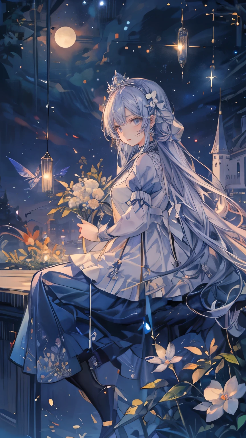 (Mastepiece), (Best Quality), Very detailed, 1 girl, (Solo Shooting:1.5), Perfect Face, beautiful girl, Very detailedな顔，(Blue Princess Dress:1.4)、(Long white hair:1.5)，(blue eyes:1.4)，(Princess:1.4)、(White flower:1.4)、(Blue Butterfly々:1.3)、(Castle:1.3)、moonlight、流れstar、(night、star空、White Moon:1.4)、star々、moonlight、Sparkling