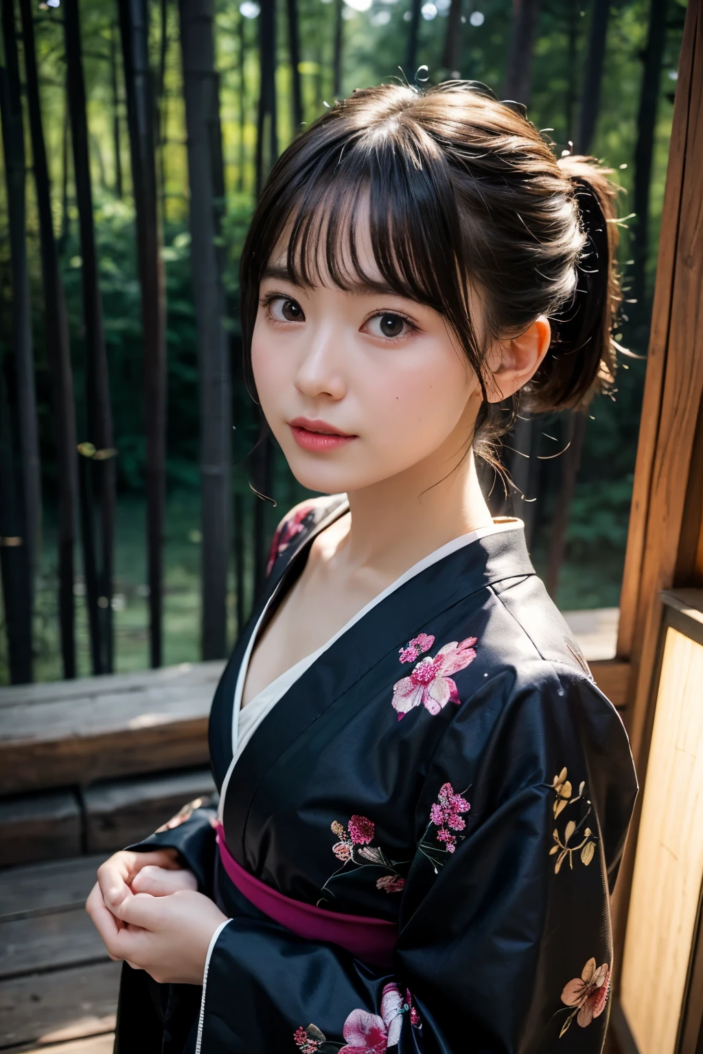 realistic, photogenic, very dark night, clear water pond surrounded by tall-bamboo forest, the full moon is shining small and high up above her head, extremely brightly lit by moonlight only around her, wearing colorful multi-colored Japanese kimono, face is looking up above the sky, beautiful medium brown hair, pigtail-hairstyle, hair is blowing in the wind, hair is shaggy and dishevelled, beautiful white translucent skin, slendar figure, no makeup, small nose, shaped jawline, glossy face, heavy flushed cheeks, sad eyes, small nose, mouth half open, a little bit of nape and neck are exposed, sad expression, slight tears in her eyes, hands pressed against her heart, shot from diagonal behind angle looking up from her below