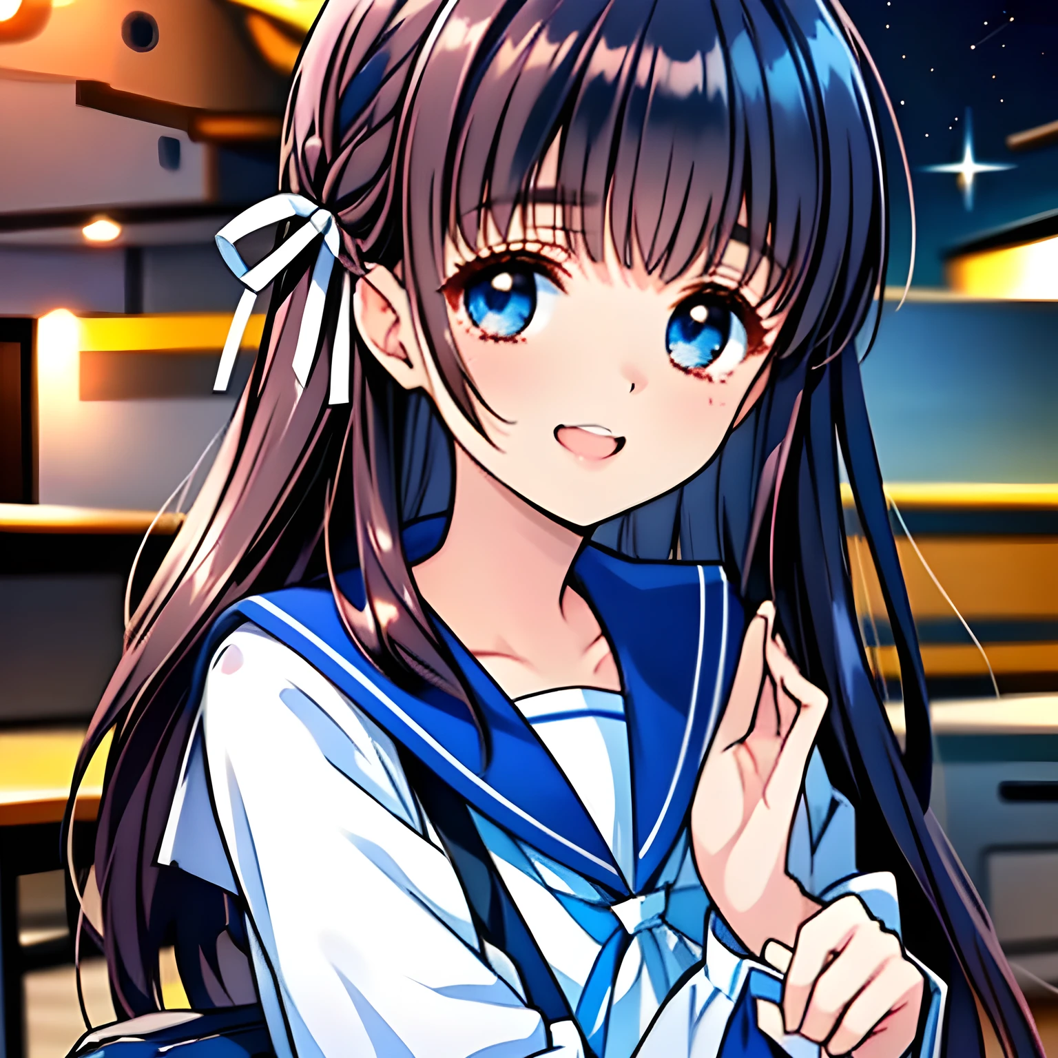 (highest quality, masterpiece, Full HD, High definition: 1.2), (Very carefully drawn cover of Japanese girl's comics, Solo beautiful giggling noble elegant high-school girl wares navy sailor-styled uniform with leather school bag and flying in space, charming elegantly, Noble Elegant but lecherous salacious insane and lascivious, sailor uniform: 1.5), (Just one very beautiful noble heroine who is looking and laughing at me, Very detailed cute noble 18yo heroine's noble eyes and face, Beautiful giggling eyes with detailed: 1.4), (Super-long bottom-eyelashes: 1.2), (Girl whom everyone loves because of her beauty and lovely fashion and noble manner and mind of evil succubus and magical-charm of evil succubus: 1.0), (Very beautiful, wavy, cutely super-super-long dark-dark-blue-dark-blue rich hair, with elegant hair ribbons, spreading on whole the screen: 1.3), (Laughing very beautiful and sapphire-blue mature intelligent cute-eyes which charms and enslave me inevitably, with clearly detailed: 1.4), (Eyes are clearly detailed), (very long eyelashes: 1.0), (Realistic noble neat noble school navy-colored sailor uniform with a noble expensive glossy red ribbon on the chest: 1.4), (Realistic Charming neat navy-colored deeply pleated long expensive school skirt: 1.5), (Soprano singer of classic music: 1.6), (Can't stop giggling: 1.6), Clear skin, (Nothing except black space and stars background: 1.7), (Navy-colored tops and Navy-colored cute collar of sailor-uniform: 1.6), (Faces are especially detailed and carefully drawn.), (Shot from the side)