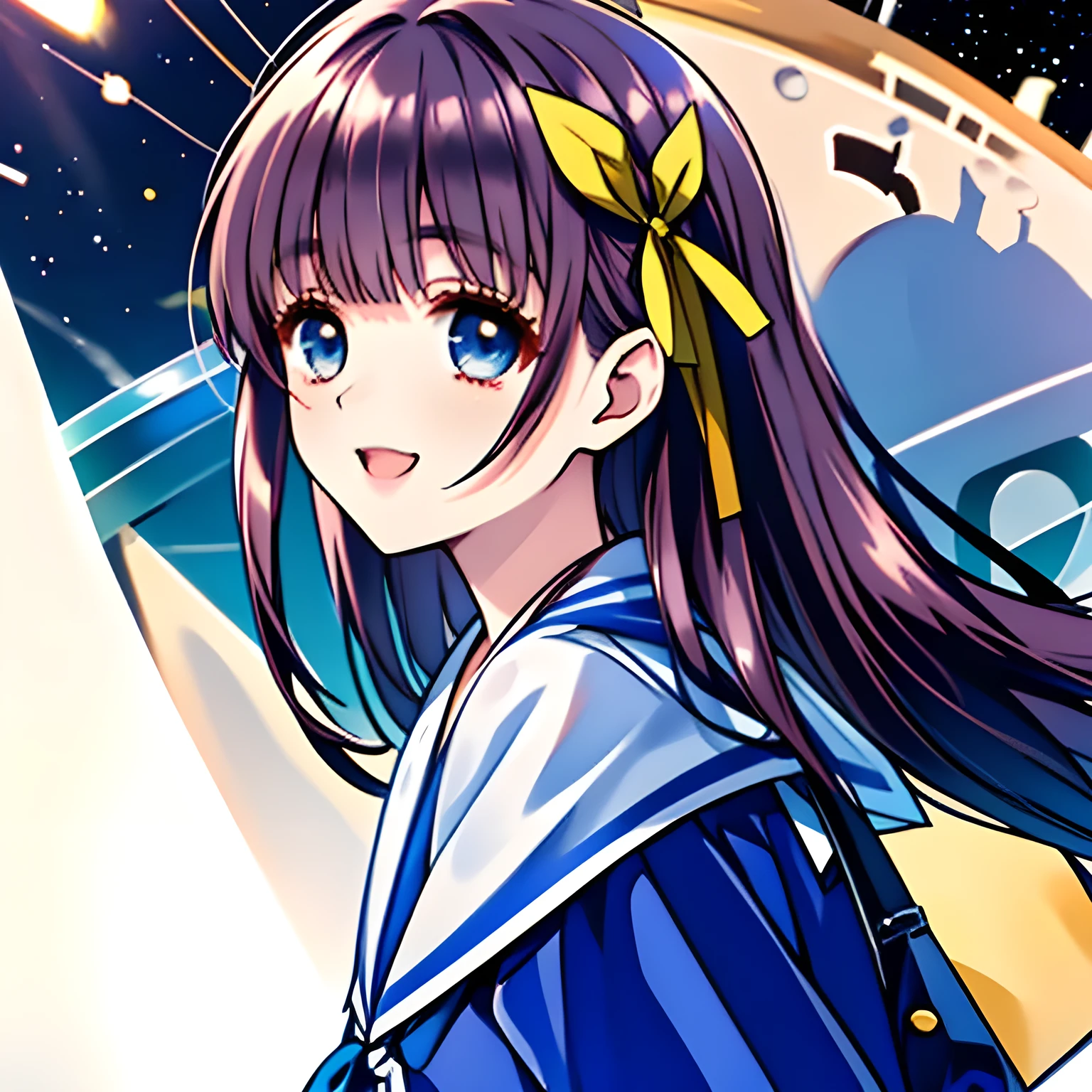 (highest quality, masterpiece, Full HD, High definition: 1.2), (Very carefully drawn cover of Japanese girl's comics, Solo beautiful giggling noble elegant high-school girl wares navy sailor-styled uniform with leather school bag and flying in space, charming elegantly, Noble Elegant but lecherous salacious insane and lascivious, sailor uniform: 1.5), (Just one very beautiful noble heroine who is looking and laughing at me, Very detailed cute noble 18yo heroine's noble eyes and face, Beautiful giggling eyes with detailed: 1.4), (Super-long bottom-eyelashes: 1.2), (Girl whom everyone loves because of her beauty and lovely fashion and noble manner and mind of evil succubus and magical-charm of evil succubus: 1.0), (Very beautiful, wavy, cutely super-super-long dark-dark-blue-dark-blue rich hair, with elegant hair ribbons, spreading on whole the screen: 1.3), (Laughing very beautiful and sapphire-blue mature intelligent cute-eyes which charms and enslave me inevitably, with clearly detailed: 1.4), (Eyes are clearly detailed), (very long eyelashes: 1.0), (Realistic noble neat noble school navy-colored sailor uniform with a noble expensive glossy red ribbon on the chest: 1.4), (Realistic Charming neat navy-colored deeply pleated long expensive school skirt: 1.5), (Soprano singer of classic music: 1.6), (Can't stop giggling: 1.6), Clear skin, (Nothing except black space and stars background: 1.7), (Navy-colored tops and Navy-colored cute collar of sailor-uniform: 1.6), (Faces are especially detailed and carefully drawn.), (Shot from the side)