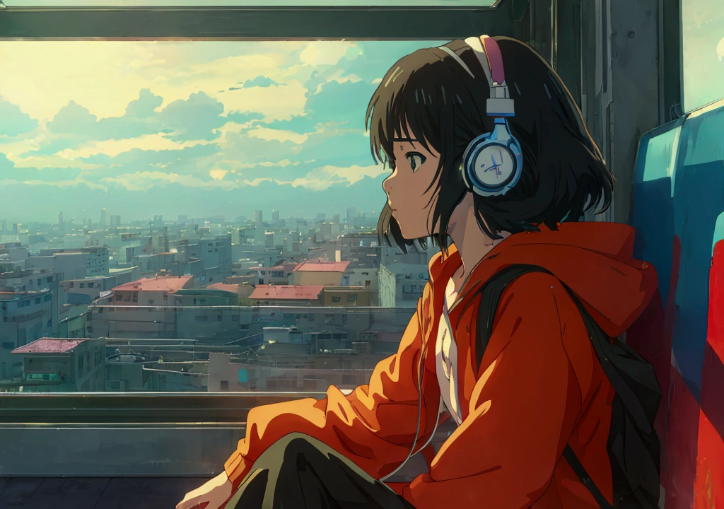 Anime girl wearing headphones looking out the window at the city, lo-fi girl, Kaisei and Artgelm, Anime atmosphere, Lofi Artstyle, Anime Style 4k, Anime aesthetics, Lo-fi feel, Lofi Art, anime art wallpaper 4k, anime art wallpaper 4k, anime wallpaper 4k, anime wallpaper 4k, An atmosphere of praise, Makoto Shinkai style