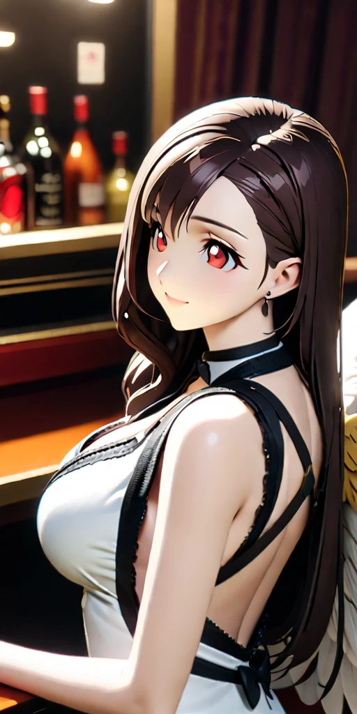 (((((tifa lockhart:1.5))))),((Highest quality、masterpiece、anime style、best quality、high resolution、8k、detailed、ultra-detailed:1.3))、Beautiful woman with perfect figure:1.4、(Smiling:1.2), double eyelid、30-year-old female、((((One Woman,beautiful face,Beautiful face,upper body:1.5)))),Big Breasts、High resolution, accurate, Anatomically correct, High-resolution model, high quality, Very detailed, Ultra high definition、Black Hair、Straight Hair、Long Hair、cabaret girl, hostesses,Luxury Lounge、(backless white dress、with big angel wings on back:1.3)