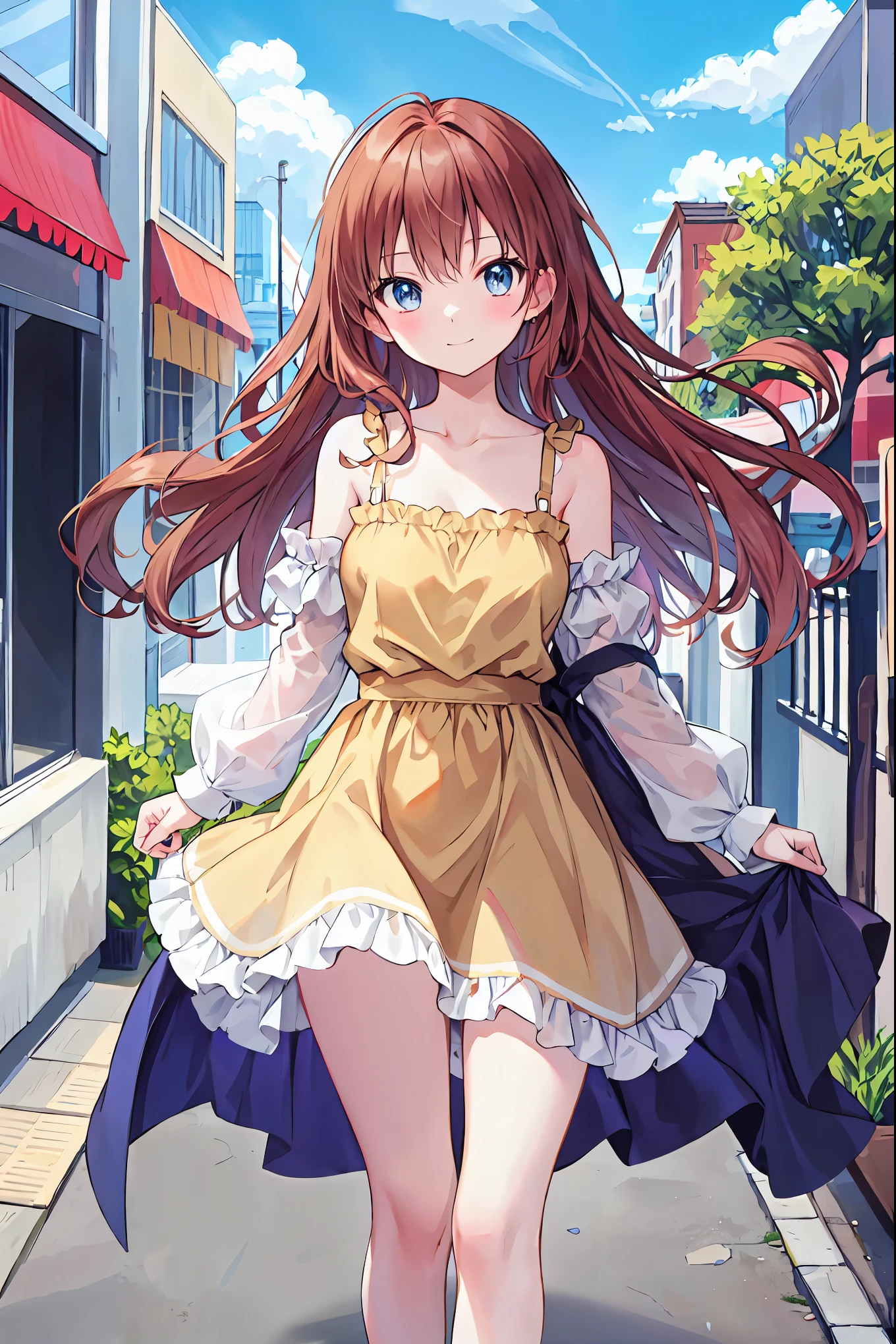 Brown Hair,Shoulder-length hair,Messy Hair,Slender beauty,Correct posture,Mid-chest,Beautiful feet,Very cute,🩷,(Cute older sister:1.3)、Long eyelashes、smile,early summer vibes、noon、Aggressive、hot、((Strong winds))、Red camisole,Her captivating grey-blue eyes shine like stars、Cafe,Anime girl standing in front of a store,Holding a cup of coffee