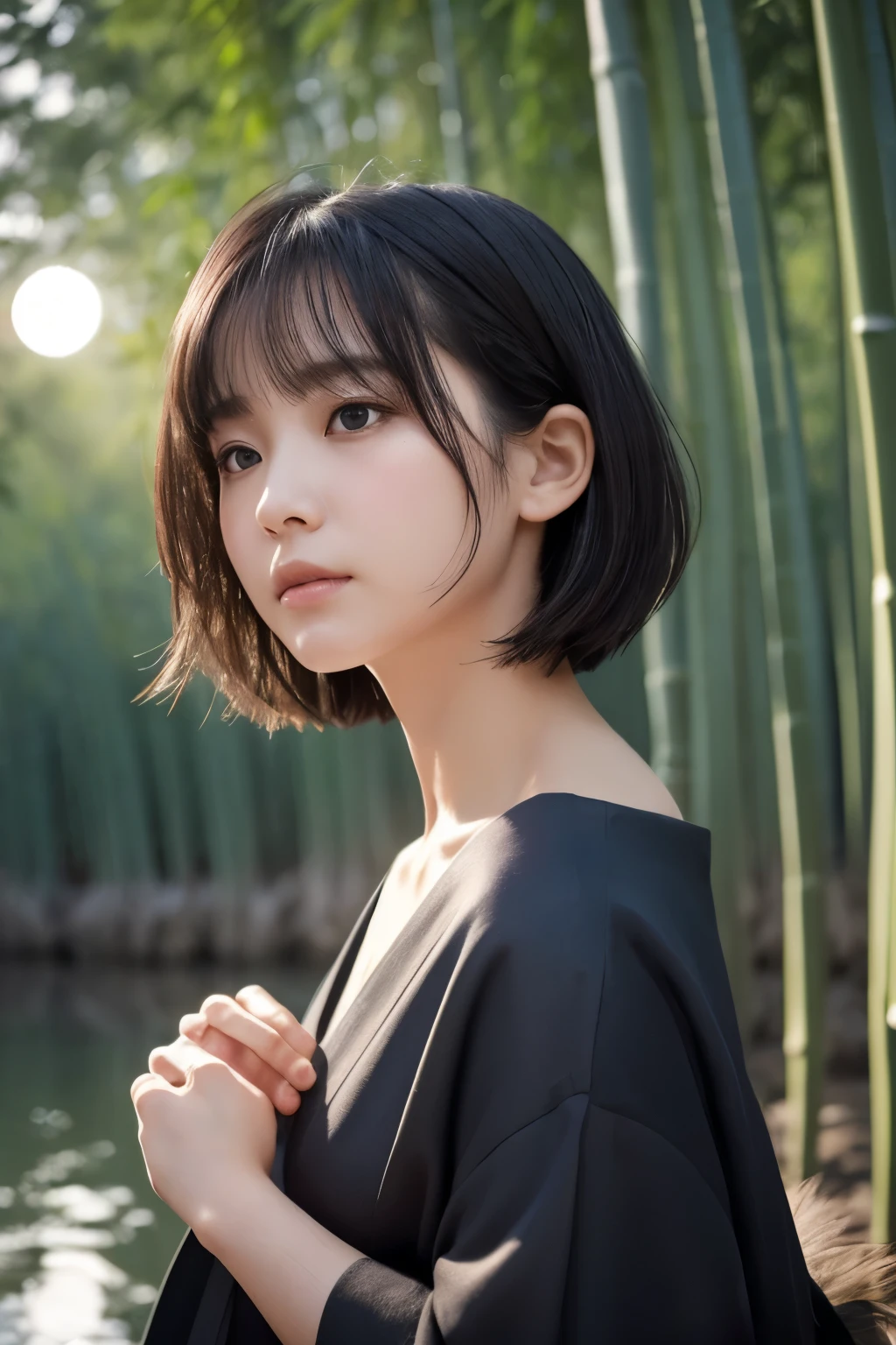 realistic, photogenic, in the deep dark mid night, shot from a diagonal angle behind her, angles looking up from below, the full moon is shining small and high up above her head, lighting moonlight, the moonlight is reflected in the pond, in the bamboo forest, with many tall bamboo trees, wearing indigo-colored Japanese traditional kimono, face is looking up above, beautiful short black hair, hair is blowing in the wind, hair is shaggy and dishevelled, beautiful white translucent skin, slendar figure, no makeup, small nose, shaped jawline, glossy face, heavy flushed cheeks, sad eyes, small nose, mouth half open, a little bit of nape and shoulders are exposed, sad expression, slight tears in her eyes, hands pressed against her heart, sad over parting with someone