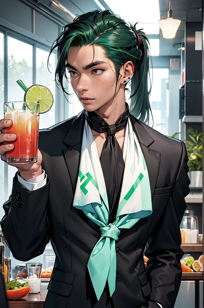 alone、White neckerchief around the neck、Man wearing headphones、Black suit、Green Haired Man、ponytail、Drink juice、Cup with lips