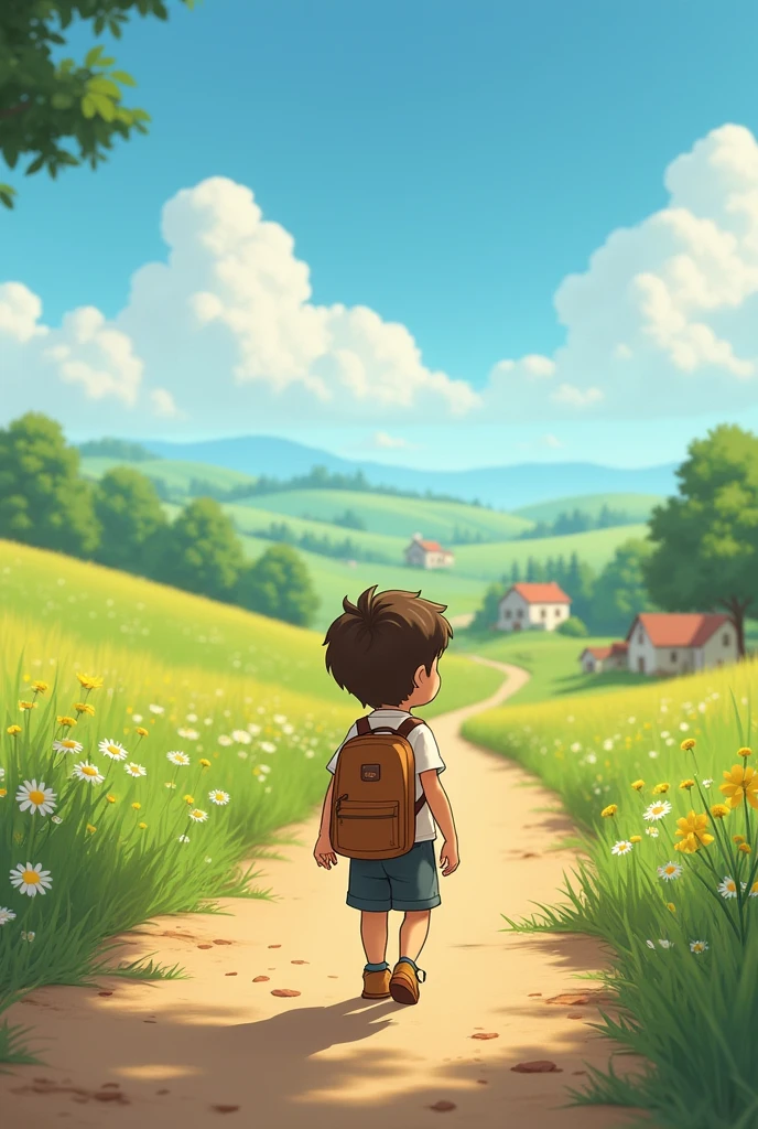 A young boy was walking along the road