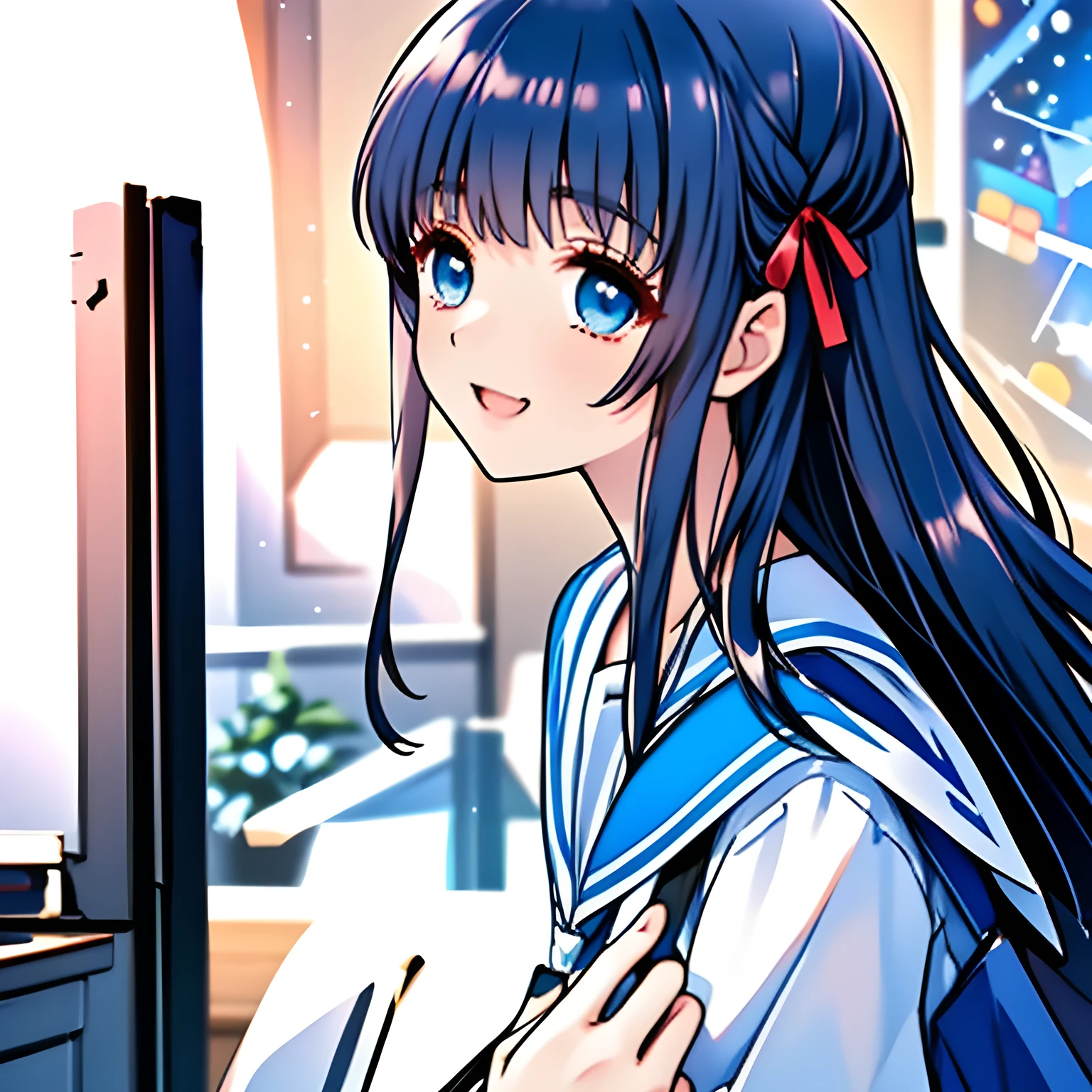 (highest quality, masterpiece, Full HD, High definition, High color saturation: 1.2), (Very carefully drawn cover of Japanese girl's comics, Solo beautiful giggling noble elegant high-school girl wares navy sailor-styled uniform with leather school bag and flying in space, charming elegantly, Noble Elegant but lecherous salacious insane and lascivious, sailor uniform: 1.5), (Just one very beautiful noble heroine who is looking and laughing at me, Very detailed cute noble high-school woman's noble eyes and face, Beautiful giggling eyes with detailed: 1.4), (Super-long bottom-eyelashes: 1.2), (Girl whom everyone loves because of her beauty and lovely fashion and noble manner and mind of evil succubus and magical-charm of evil succubus: 1.0), (Very beautiful, wavy, cutely super-super-long dark-dark-blue-dark-blue rich hair, with elegant hair ribbons, spreading on whole the screen: 1.3), (Laughing very beautiful and sapphire-blue mature intelligent cute-eyes which charms and enslave me inevitably, with clearly detailed: 1.4), (Eyes are clearly detailed), (very long eyelashes: 1.0), (Realistic noble neat noble school navy-colored sailor uniform with a noble expensive glossy red ribbon on the chest: 1.4), (Realistic Charming neat navy-colored deeply pleated long expensive school skirt: 1.5), (Soprano singer of classic music: 1.6), (Can't stop giggling: 1.6), Clear skin, (Nothing except black space and stars background: 1.7), (Navy-colored tops and Navy-colored cute collar of sailor-uniform: 1.6), (Faces are especially detailed and carefully drawn.), (Shot from the side)