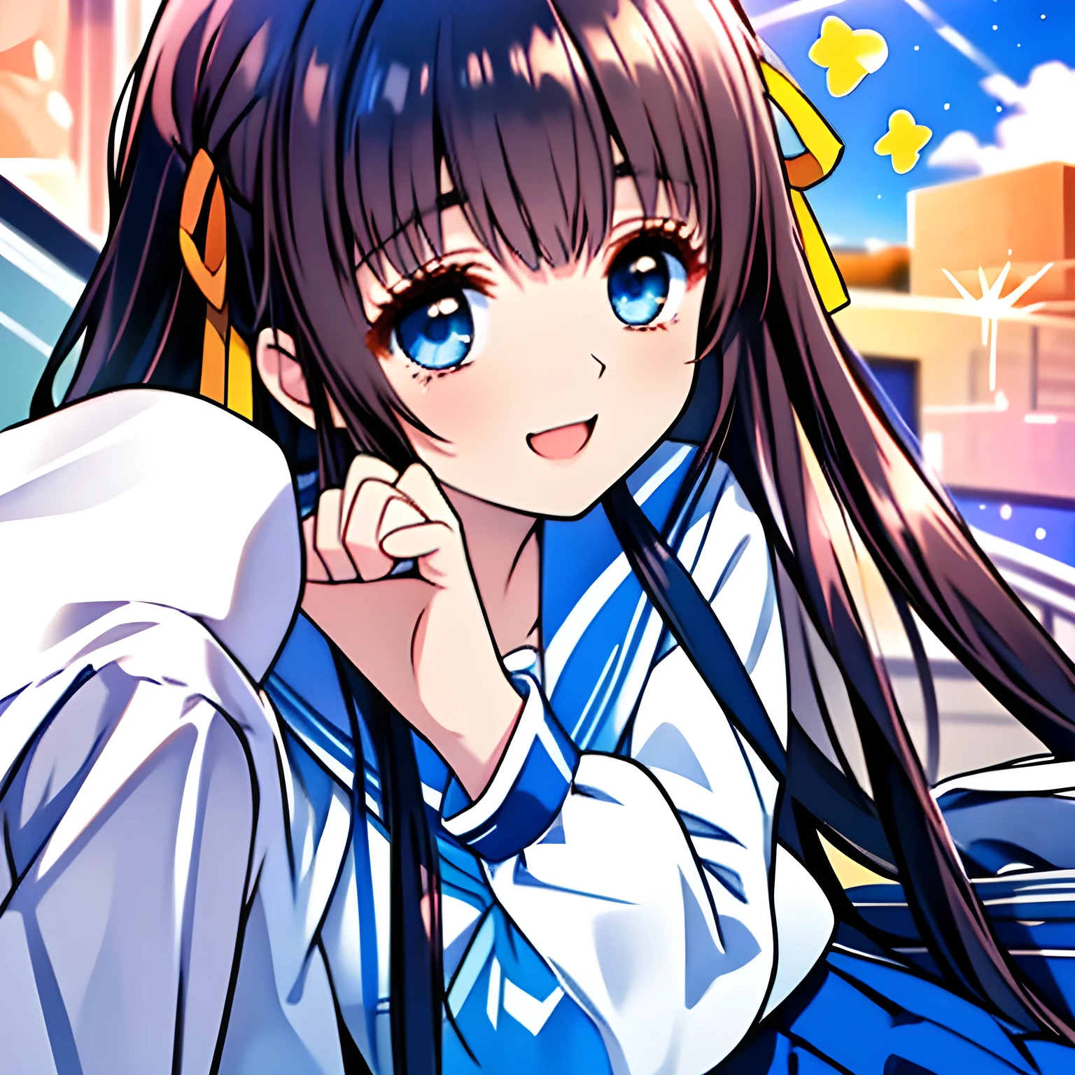 (highest quality, masterpiece, Full HD, High definition, High color saturation: 1.2), (Very carefully drawn cover of Japanese women's comics, Solo beautiful giggling noble elegant high-school girl wares navy sailor-styled uniform with leather school bag and flying in space, charming elegantly, Noble Elegant but lecherous salacious insane and lascivious, sailor uniform: 1.5), (Just one very beautiful noble heroine who is looking and laughing at me, Very detailed cute noble high-school woman's noble eyes and face, Beautiful giggling eyes with detailed: 1.4), (Super-long bottom-eyelashes: 1.2), (Girl whom everyone loves because of her beauty and lovely fashion and noble manner and mind of evil succubus and magical-charm of evil succubus: 1.0), (Very beautiful, wavy, cutely super-super-long dark-dark-blue-dark-blue rich hair, with elegant hair ribbons, spreading on whole the screen: 1.3), (Laughing very beautiful and sapphire-blue mature intelligent cute-eyes which charms and enslave me inevitably, with clearly detailed: 1.4), (Eyes are clearly detailed), (very long eyelashes: 1.0), (Realistic noble neat noble school navy-colored sailor uniform with a noble expensive glossy red ribbon on the chest: 1.4), (Realistic Charming neat navy-colored deeply pleated long expensive school skirt: 1.5), (Soprano singer of classic music: 1.6), (Can't stop giggling: 1.6), Clear skin, (Nothing except black space and stars background: 1.7), (Navy-colored tops and Navy-colored cute collar of sailor-uniform: 1.6), (Faces are especially detailed and carefully drawn.), (Shot from the side)