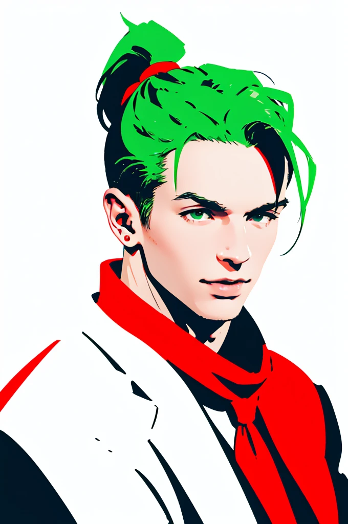 Background red、alone、White neckerchief around the neck、Man wearing headphones、Black suit、Green Haired Man、ponytail、