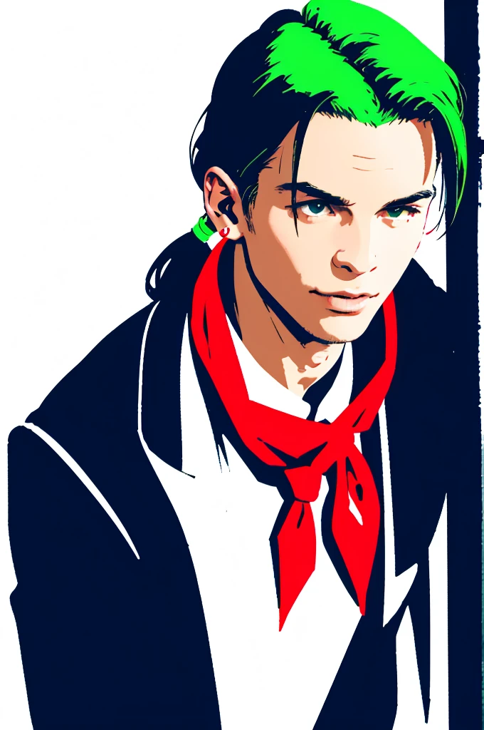 Background red、alone、White neckerchief around the neck、Man wearing headphones、Black suit、Green Haired Man、ponytail、