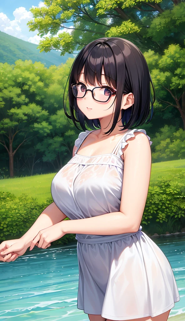 Chubby mature woman wearing glasses、Plain short black hair、Sun-tanned skin、Camping on the riverbank、A short white dress、Playing in the water and getting soaked、High resolution ,Highest quality、solo,Blushing in good spirits,