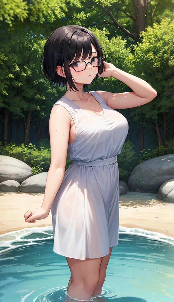 Chubby mature woman wearing glasses、Plain short black hair、Sun-tanned skin、Camping on the riverbank、A short white dress、Playing in the water and getting soaked、High resolution ,Highest quality、solo,Blushing in good spirits,