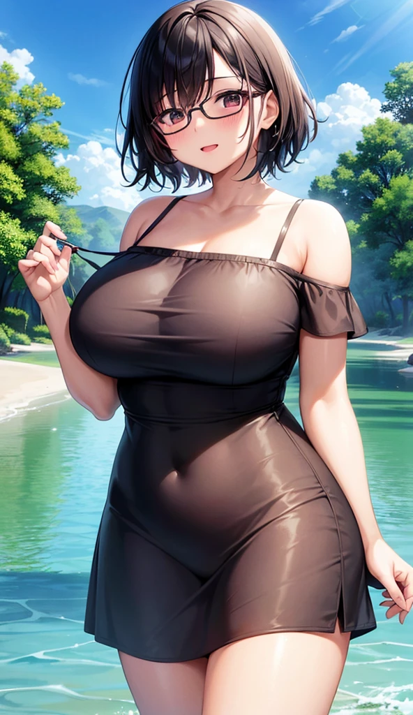 Chubby mature woman wearing glasses、Plain short black hair、Sun-tanned skin、Camping on the riverbank、A short white dress、Playing in the water and getting soaked、High resolution ,Highest quality、solo,Blushing in good spirits,