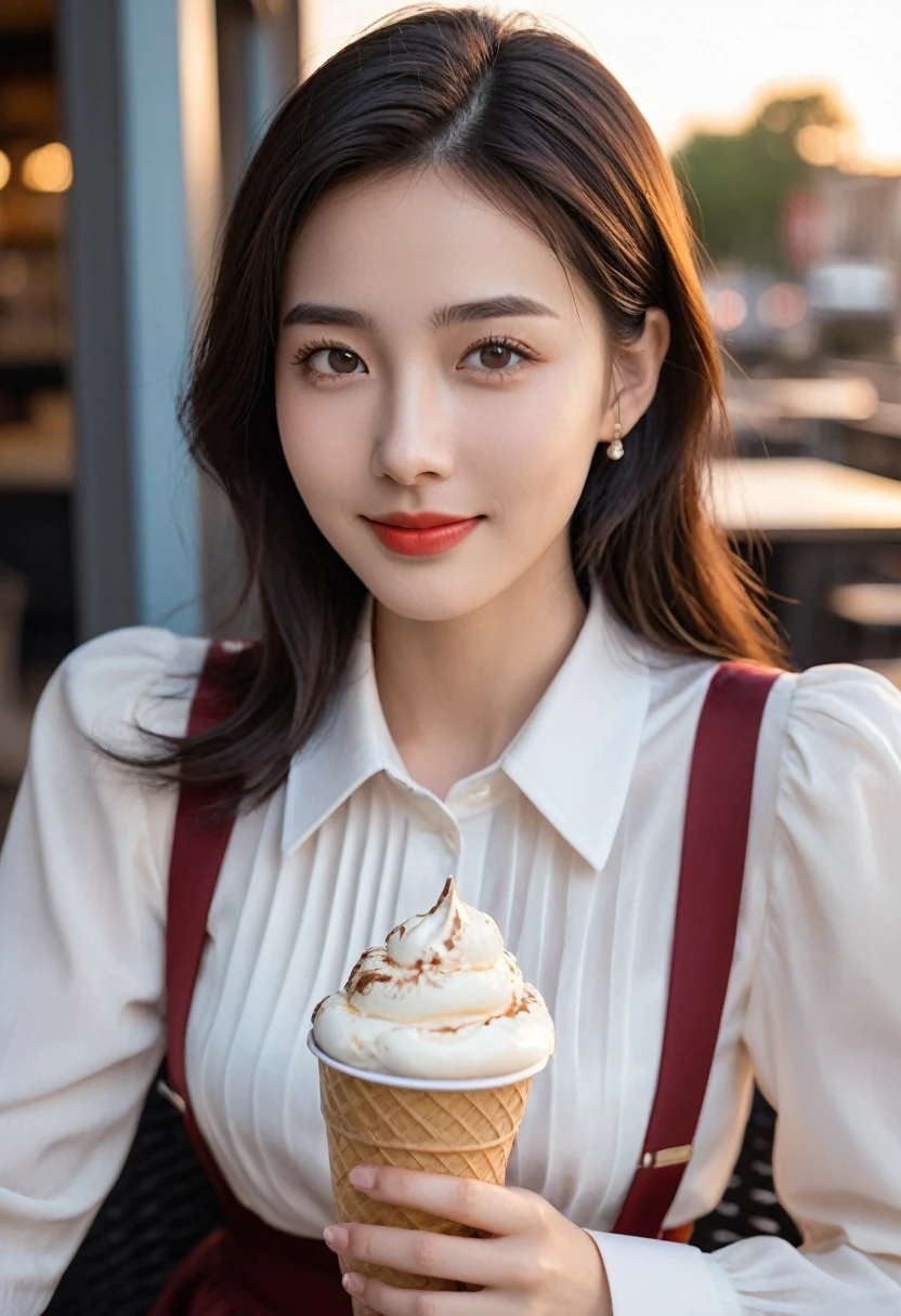 (8k, RAW photo, best quality, masterpiece: 1.2), (realistic, photo-realistic: 1.37), ultra-detailed, 1 girl, cute, solo, beautiful detailed sky, detailed coffee, night, sitting, (flushed nose), (smile: 1.1), (mouth closed), medium breasts, beautiful detailed eyes, (collared shirt: 1.1), bow tie, pleated skirt, (short hair: 1.2), long hair, taking big ice cream,